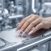 Hand with Astro bunny press on nails touching a metallic surface in a blurred indoor setting