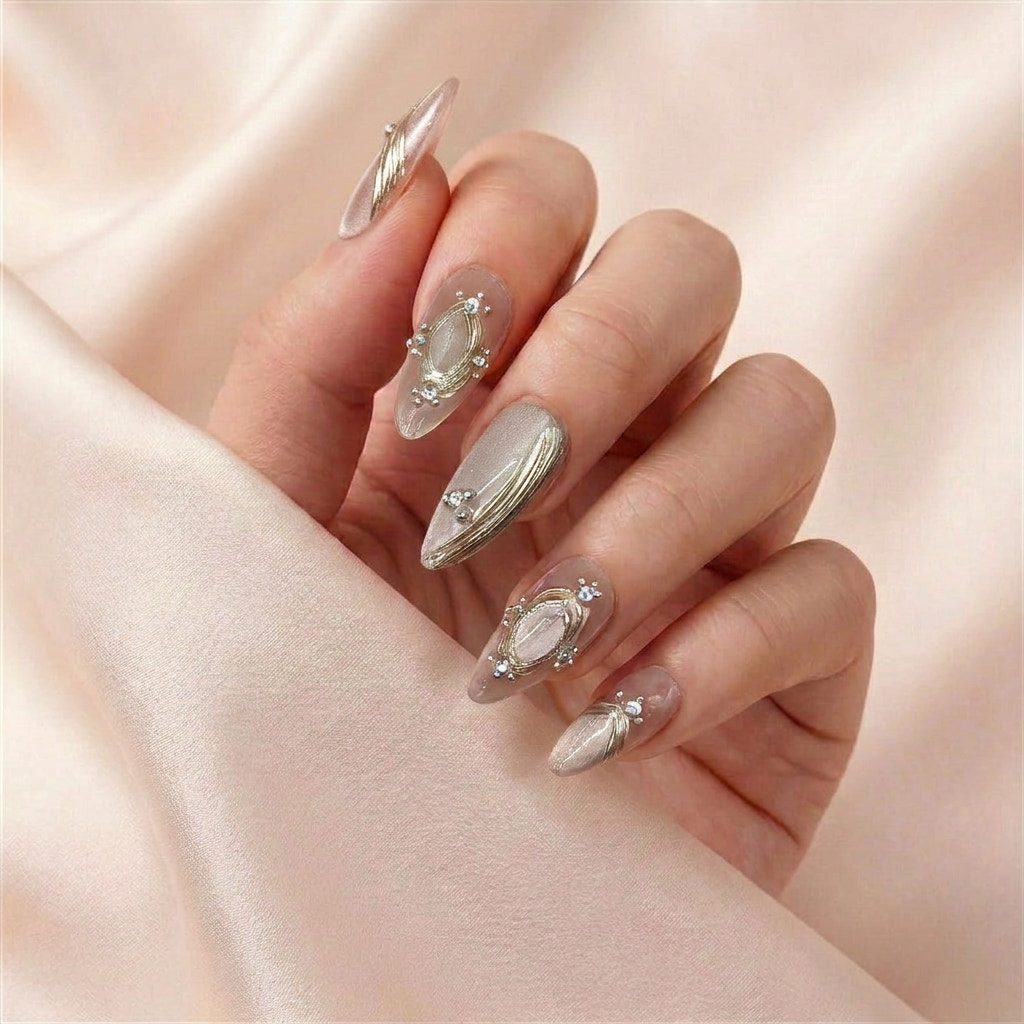 Hånd med Pretty Privilege press on negler — gjenbrukbare almond-negler i rosegull-shimmer med gulltråd-detaljer.