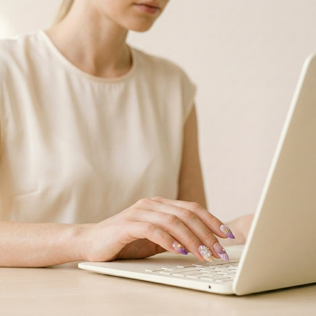 Hånd på laptop-tastatur i cremefarget topp — Siren's Blush løsnegler i lilla-hvit almond-form med 3D blomst og gull-detaljer, press on negler for hverdagsglam.