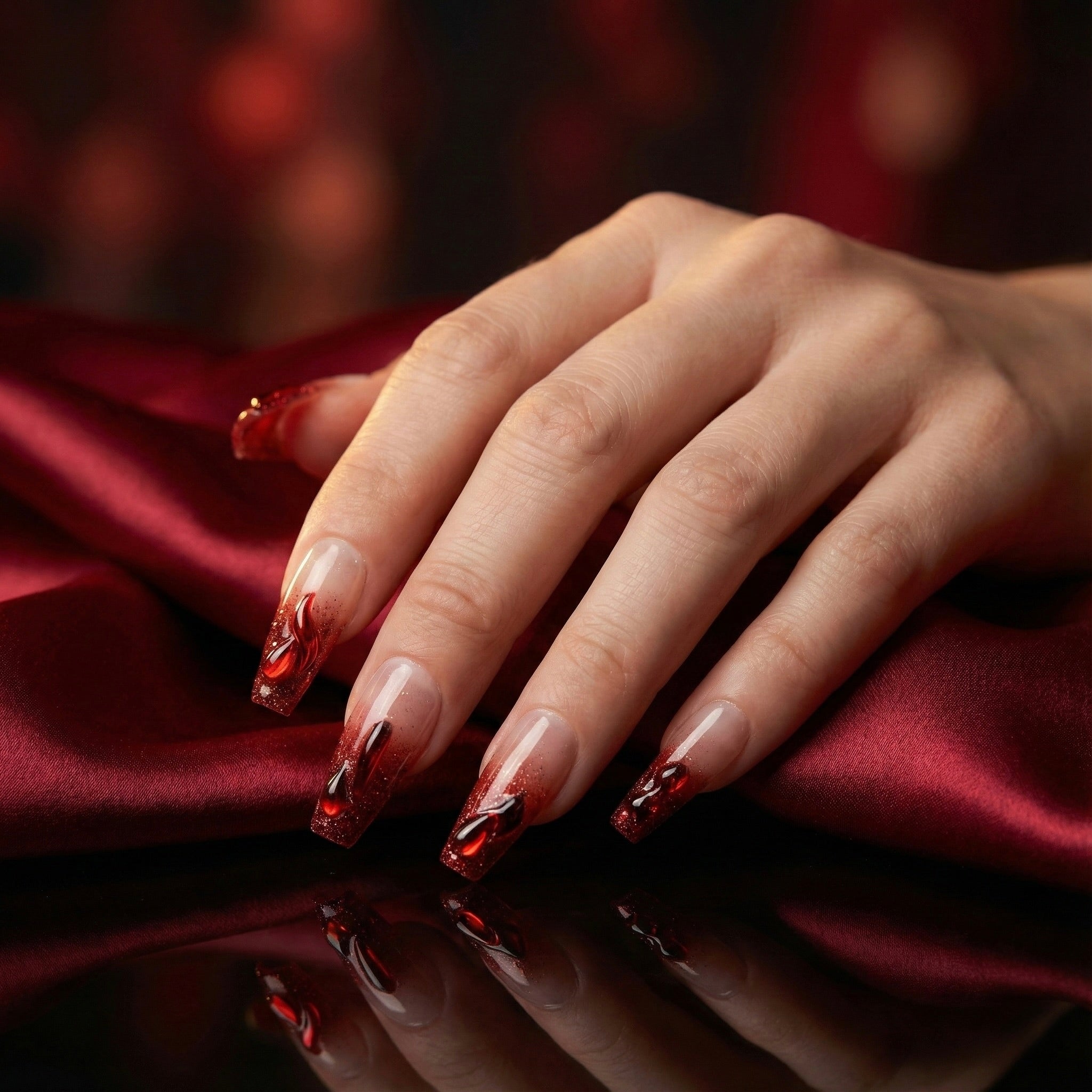 Hand with hotter than revenge press on nails on a red fabric background