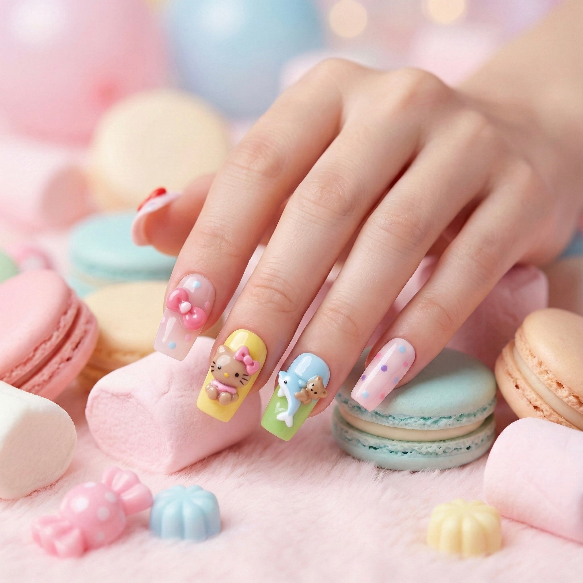 Hand with Kitty Island nail art featuring cartoon characters, surrounded by colorful macarons.