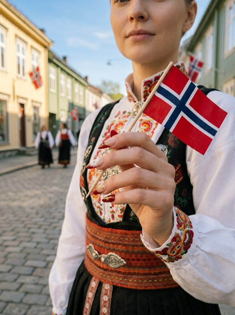 Press on negler til 17. mai — bunad med rosemaling-broderi og sølje, almond-negler i vinrød ombré med hvite 3D blomster (Rosemaling Royalty).