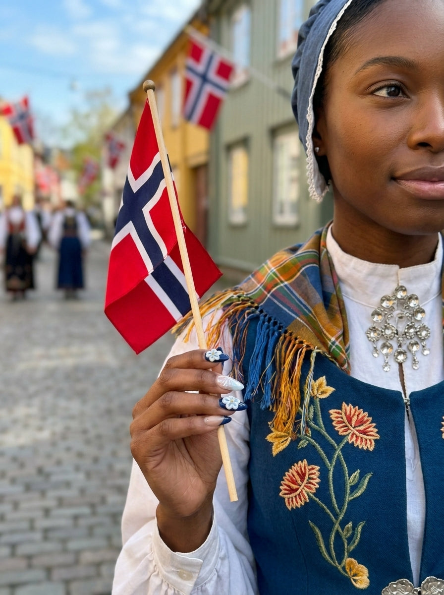 Press on nails til 17. mai — kvinne i bunad med Norge-flagg, almond-negler i marineblå ombré med 3D blå-hvite blomster (Hardanger Heiress).