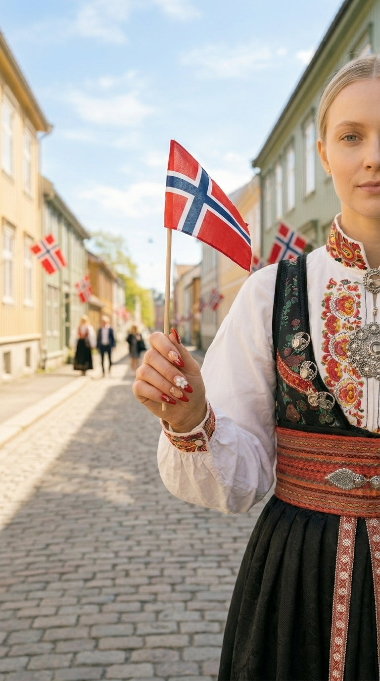 Løsnegler i bunad på nasjonaldagen — håndlaget almond-negler i vinrød ombré med 3D rosemaling-blomster, holdt opp med Norge-flagg.