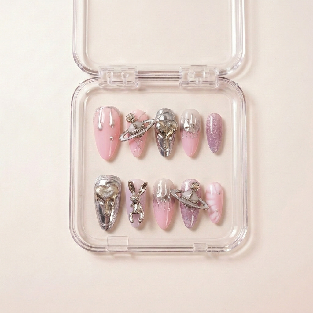 Astro Bunny press on nails i etui — håndlaget almond-negler med rosa base, sølv chrome hjerte-drips, 3D planet- og bunny-charms, og glitter-accent negler.