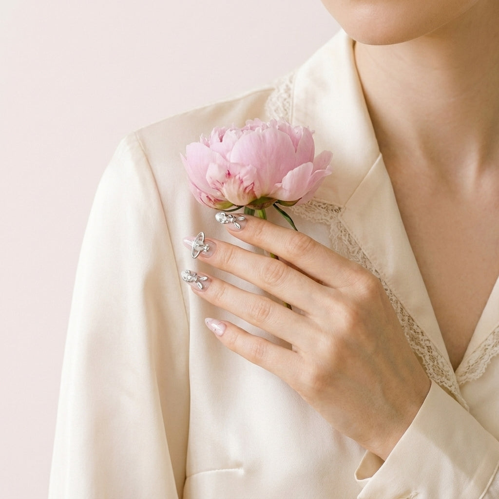 Styled shot med rosa peonie og champagne silkekjole — Astro Bunny løsnegler i lys rosa almond-form med sølv kanin- og planet-charms, press on negler designet i Oslo.