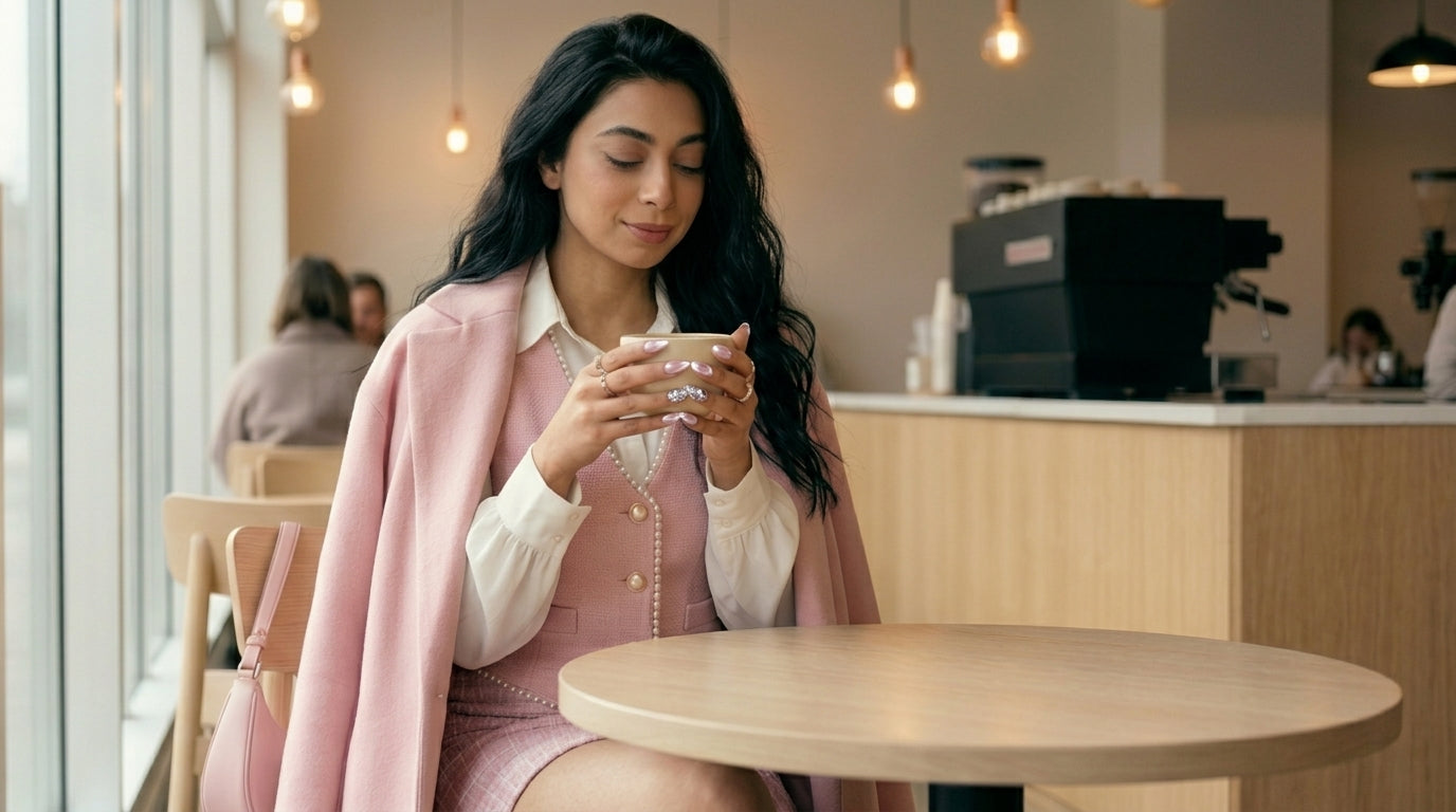 Lifestyle-banner — kvinne med mørkt langt hår i rosa cape og perle-vest sitter ved kafébord med rosa cappuccino, diamantring og lyserosa negler synlige.