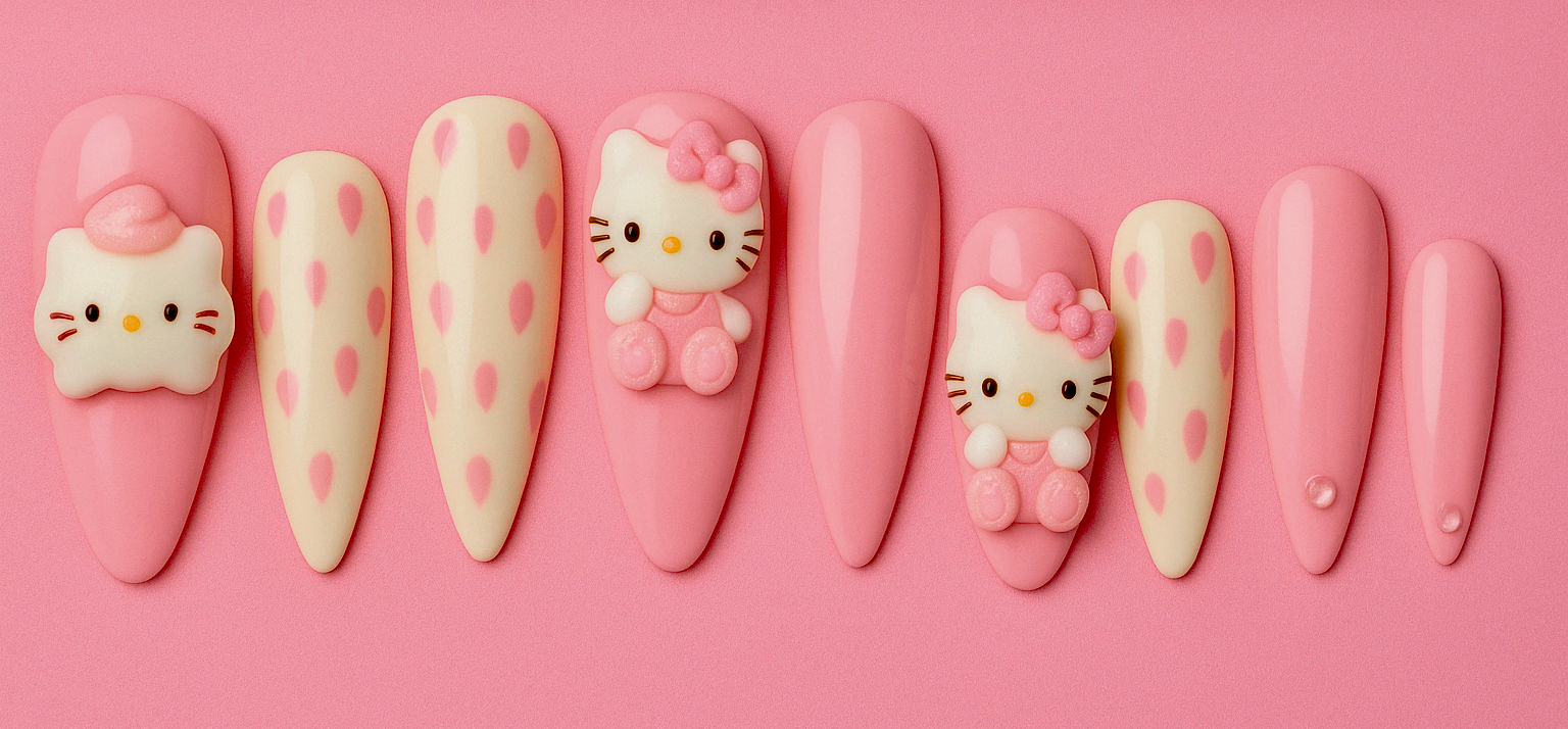 Banner med en samling av Cuz Pink Better sine 'Cute Dramatic' press on negler. Viser rosa negler med store 3D Hello Kitty-figurer på en rosa bakgrunn.