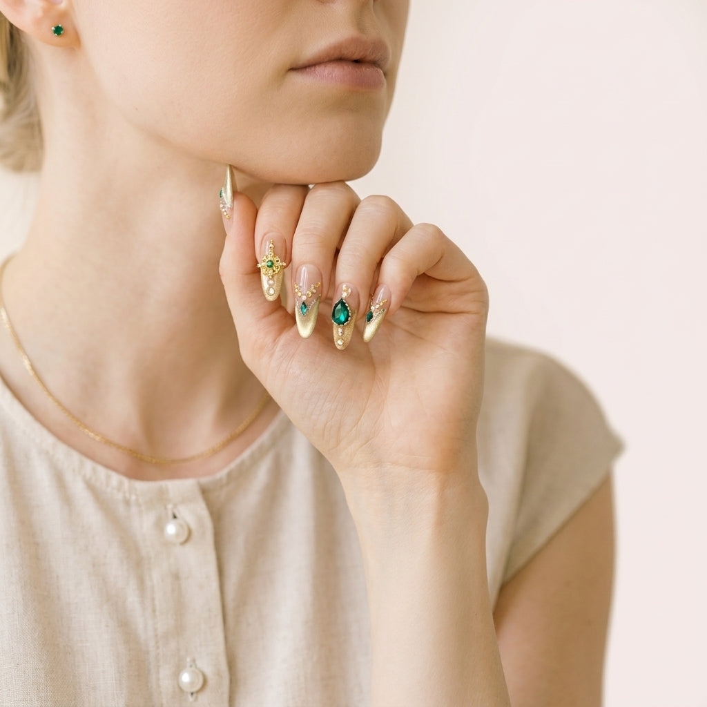 Styled Born Rich negler — gull-French almond-negler med smaragd mot mørkt stoff.