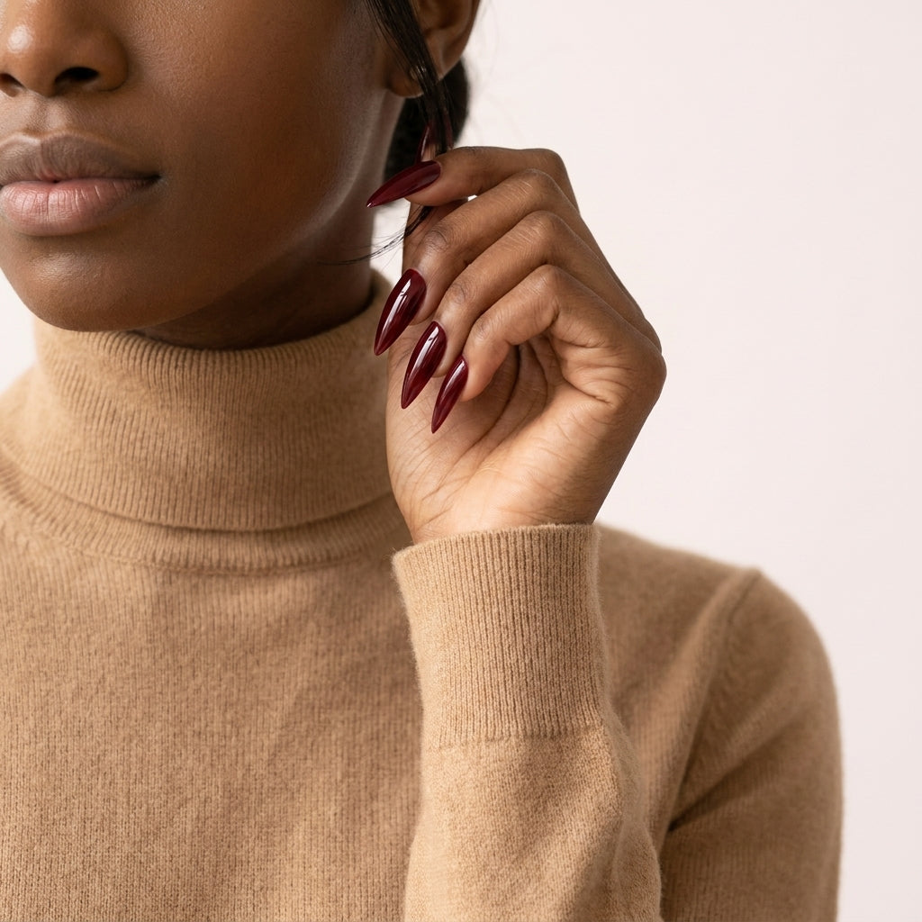 Kvinne i kamelfarget turtleneck hever hånden med Cherry on Top press on negler — lange stiletto-negler i glossy kirsebærrød chrome-finish.