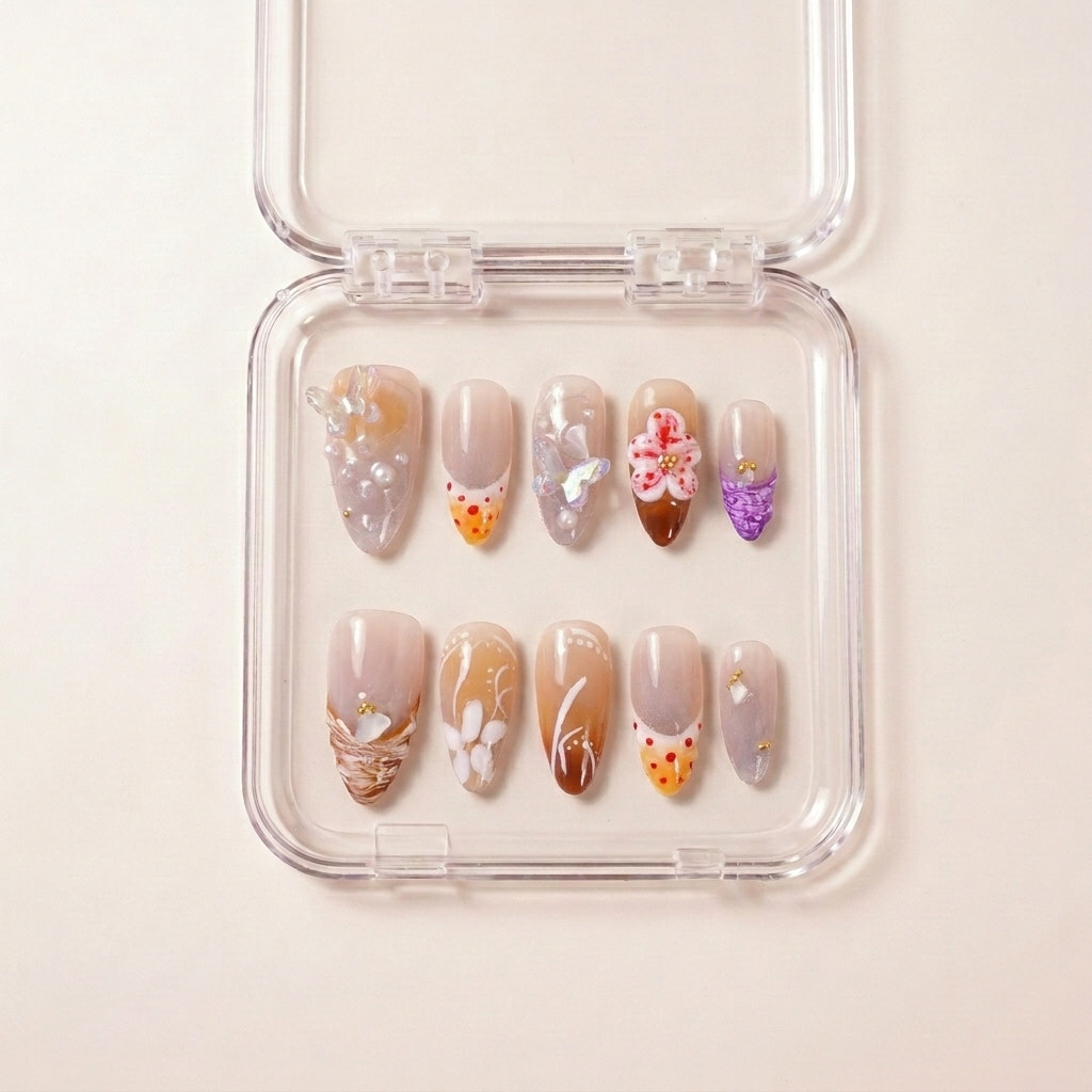 Coastal Bloom press on nails i etui — håndlaget almond-negler med beachy kremfarget palett, sjell-teksturer, iridescent sommerfugler, perler og håndmalte blomster.