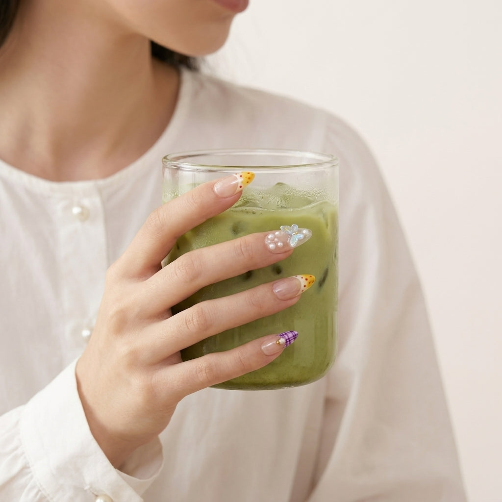 Hånd holder glass med iskald matcha latte — Coastal Bloom løsnegler med gule French tips, perler og pastell sommerfugl-charm, almond-form håndlaget i Oslo.