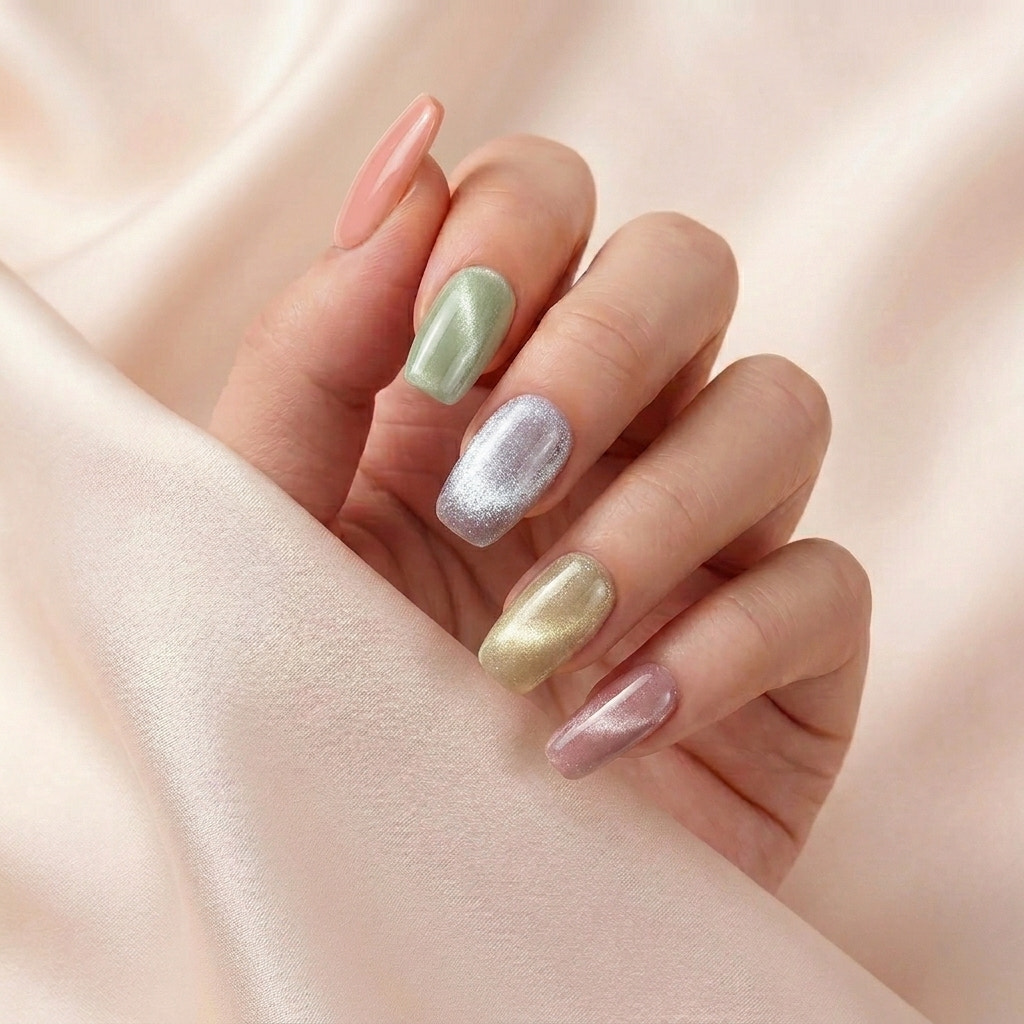 Hånd på lyserosa silkestoff med Cotton Candy press on negler — håndlaget, gjenbrukbare firkantede negler med pastell cat-eye magnetisk finish i ulike farger.
