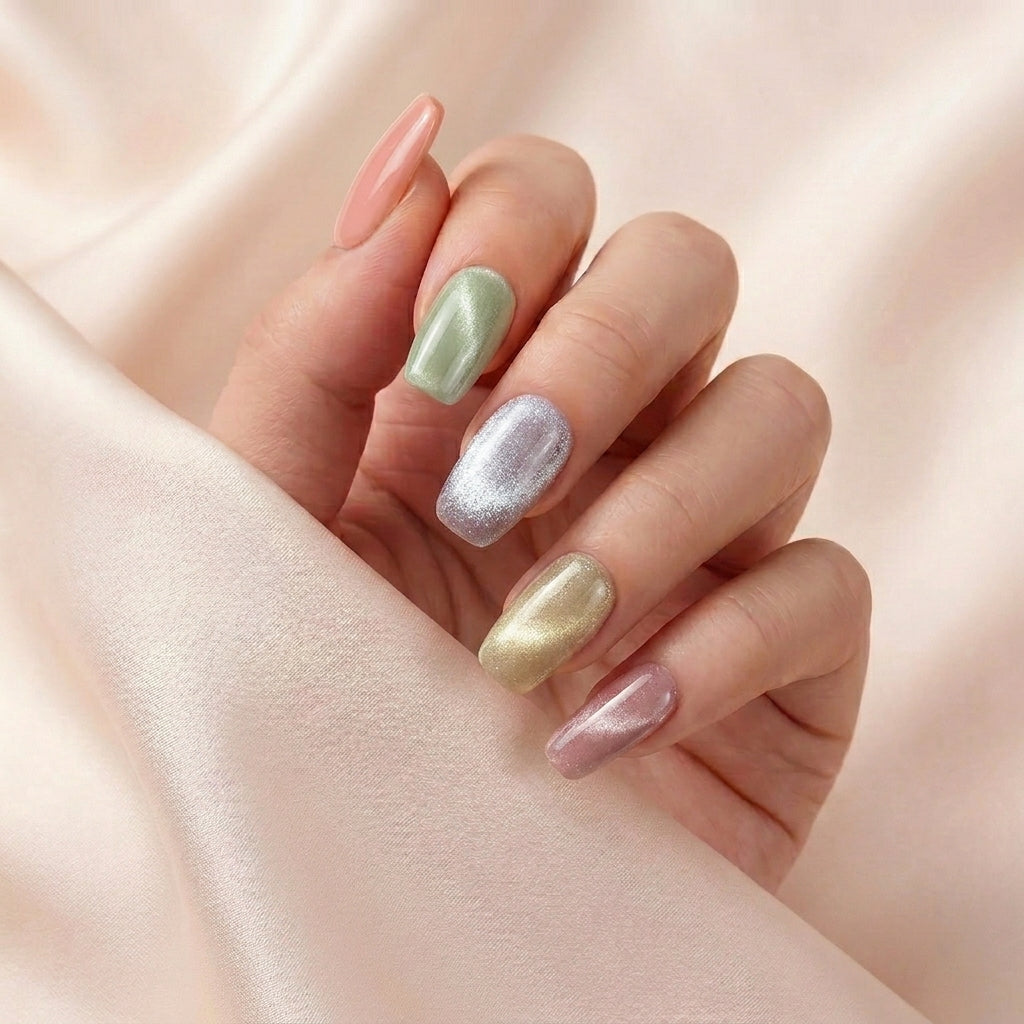 Hånd på lyserosa silkestoff med Cotton Candy press on negler — håndlaget, gjenbrukbare firkantede negler med pastell cat-eye magnetisk finish i ulike farger.