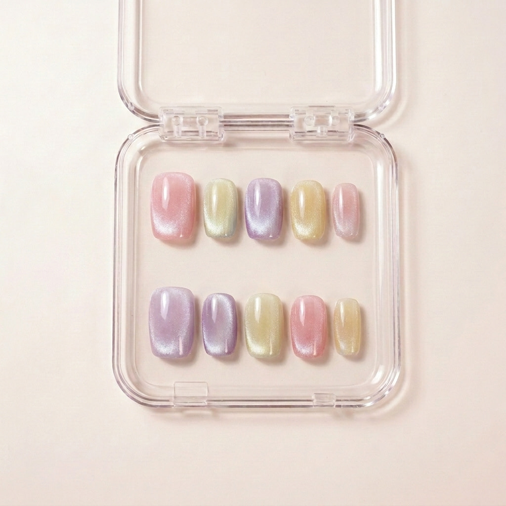 Cotton Candy press on nails i etui — håndlaget firkantede negler i pastell-regnbue med rosa, lilla, mintgrønn, gul og fersken cat-eye shimmer.
