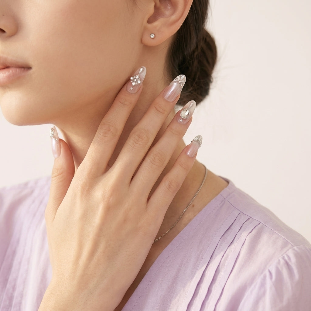 Diamond Affair press on negler på hånd — nude almond-negler med sparkle i kveldslys.