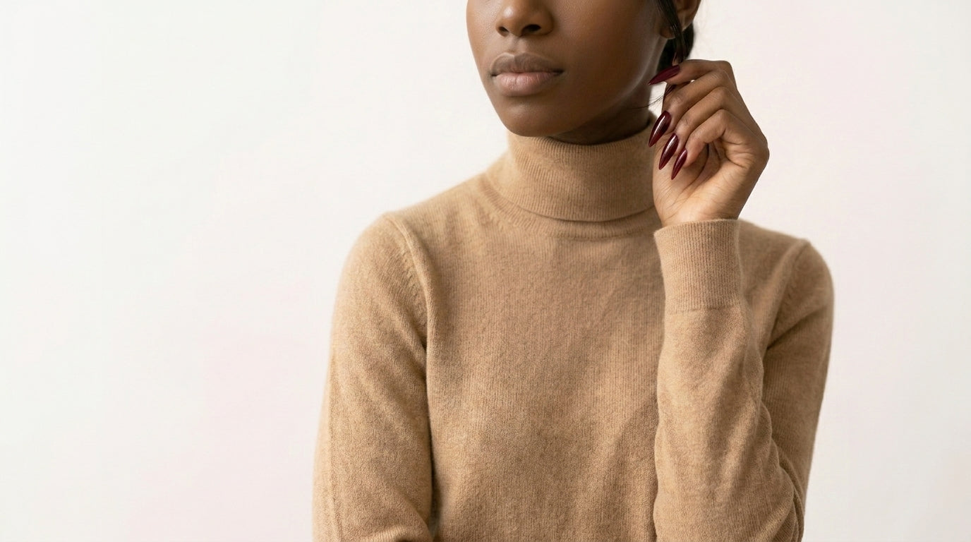 Editorial banner — kvinne i beige turtleneck holder hånden mot ansiktet og viser lange stiletto-negler i dyp burgunder, minimalistisk beige bakgrunn.
