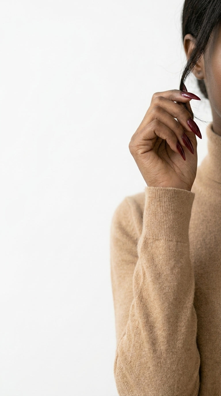 Editorial portrait — kvinne i beige turtleneck med lange burgunder stiletto press on negler løftet mot ansiktet, minimalistisk komposisjon.