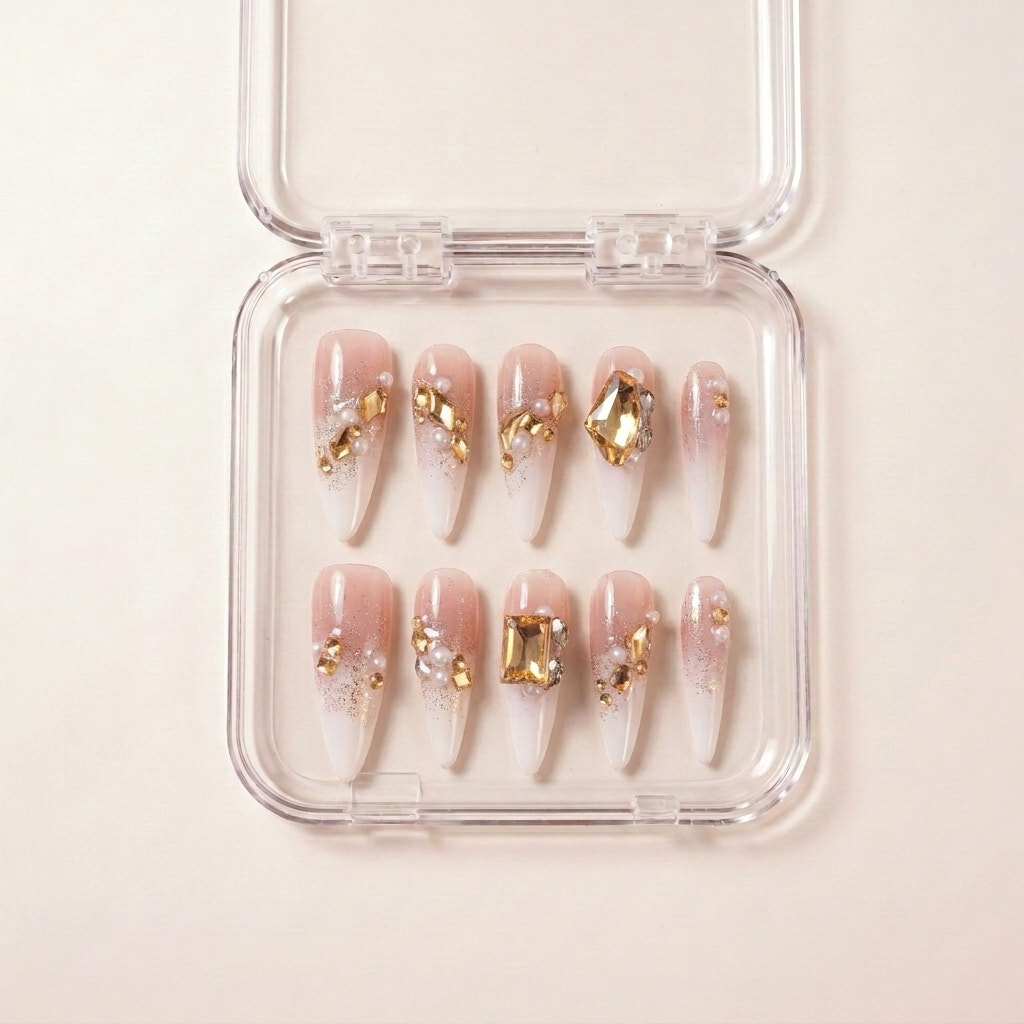 Gold Digger's Gala press on nails i etui — håndlaget extra lange stiletto-negler med champagne-rosa til hvit ombré, gullfargede edelstener, perler og sølvglitter.