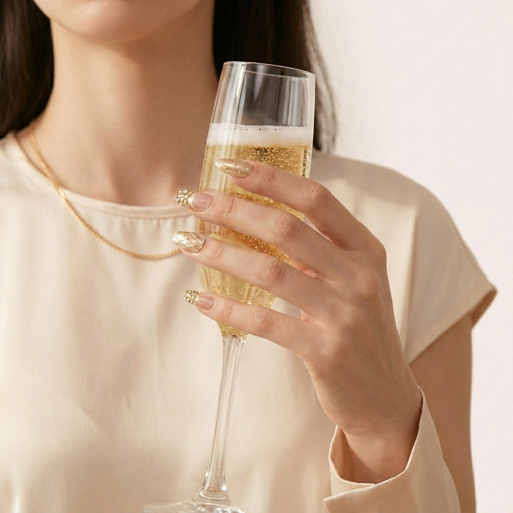 Kvinne med champagneglass viser Gold Standard press on negler — glamorøse gull ovale negler.