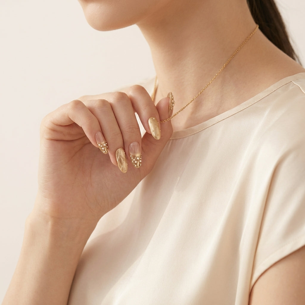 Styled Gold Standard negler — champagnegull-negler med perler i festlig lys.