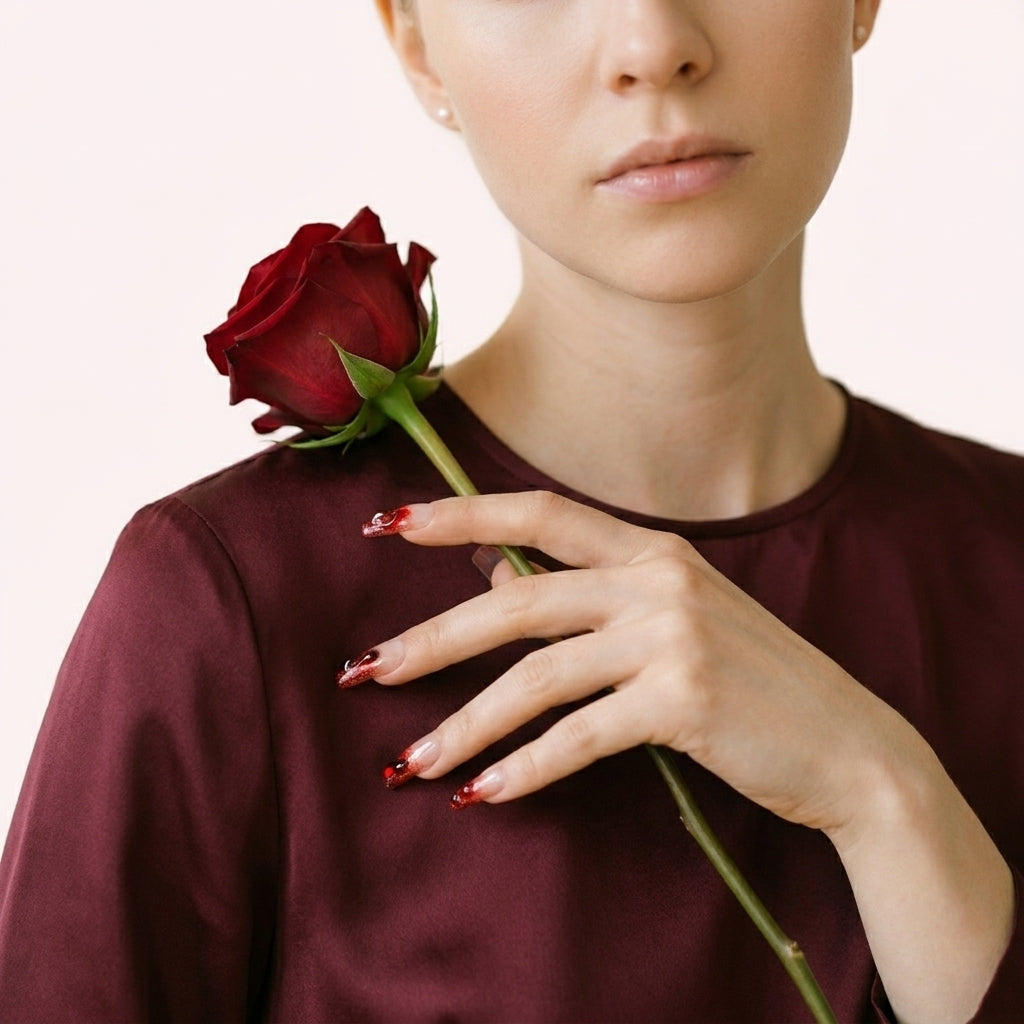 Styled shot med burgunder silkekjole og en mørk rød rose — Hotter Than Revenge løsnegler med rød glitter-French tip og 3D drip-detaljer, håndlaget i coffin-form.