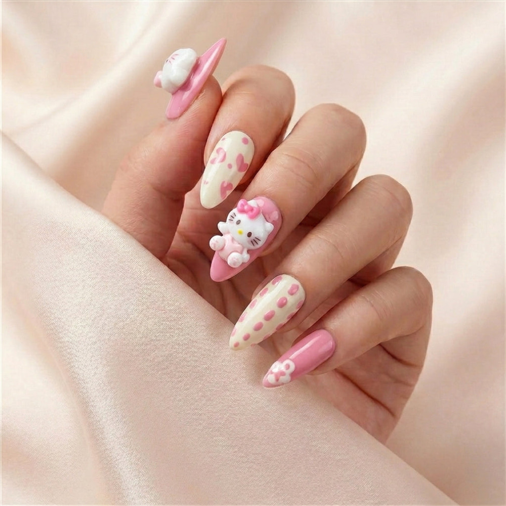 Hånd på lyserosa silkestoff med Kawaii Crisis press on negler — håndlaget, gjenbrukbare lange almond-negler med rosa hjerter, polka-dots og Hello Kitty charm med rosa sløyfe.