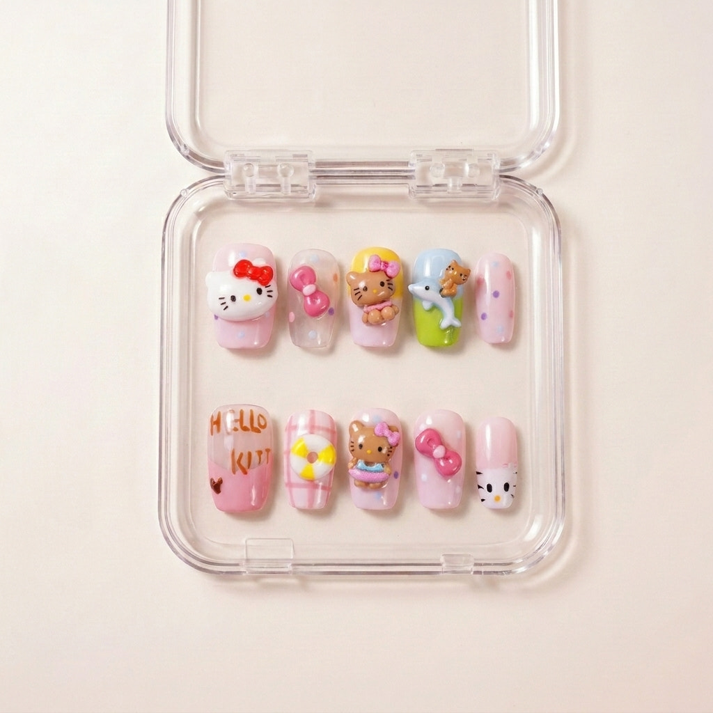 Kitty Island press on nails i etui — håndlaget firkantede pastell-negler med 3D Hello Kitty-figurer, delfin-charm, livbøye, rosa sløyfer og håndmalte detaljer.