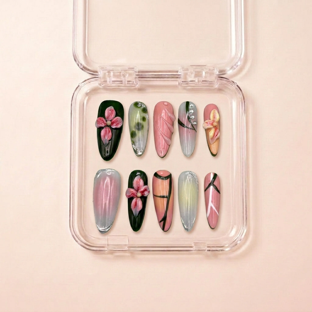 Matcha Mood press on negler i etui — håndlaget sett med almond-negler i skoggrønn og jade-marmor med 3D kirsebærblomster, svarte streker og krystaller.