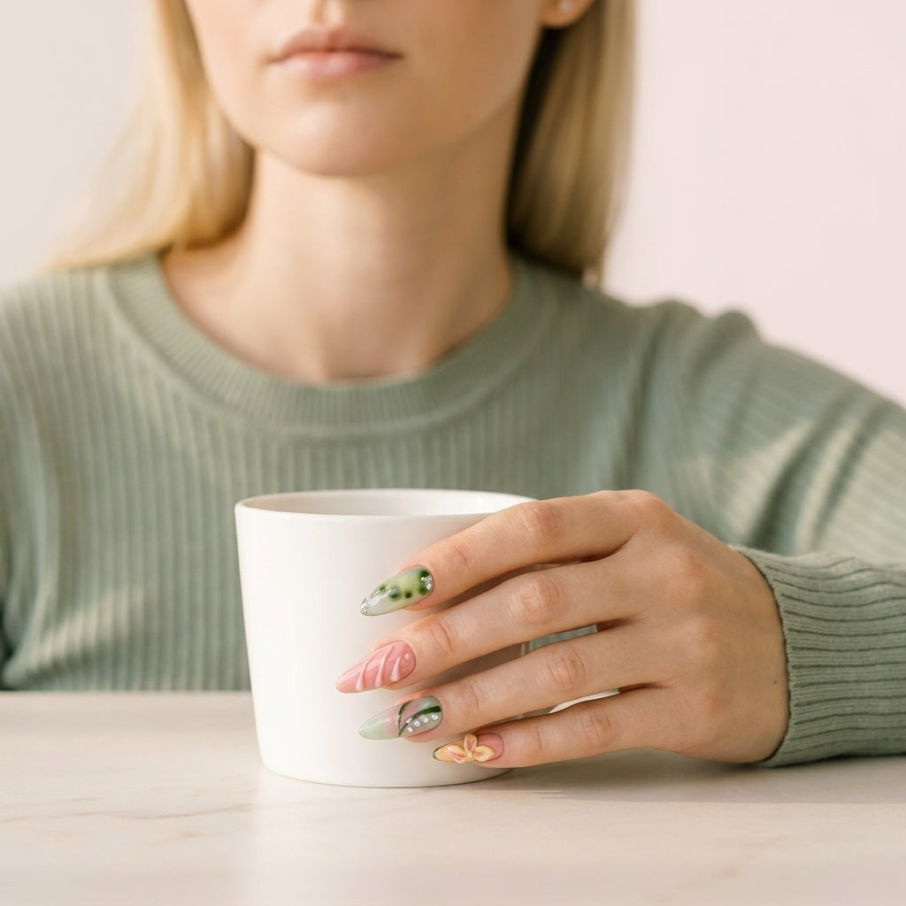 Matcha Mood press on negler i nærbilde — perlerosa chrome, skoggrønn og 3D floral-detalj.