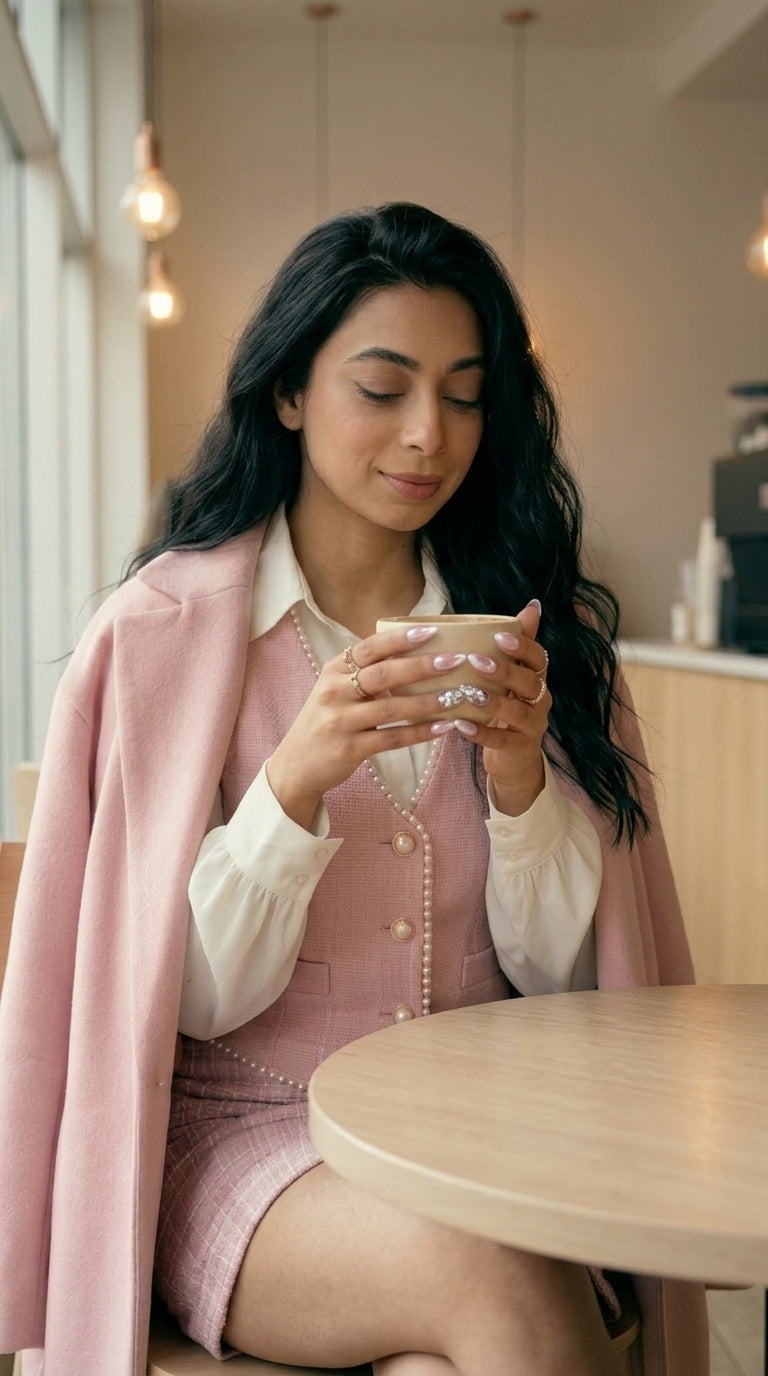 Portrait av kvinne i rosa cape og hvit bluse med perleknapper som holder kopp kaffe — diamantring og lyserosa almond-negler, kafé-ambience.