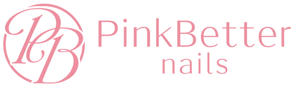 PinkBetter nails logo — «PB» monogram og «PinkBetter nails» tekst i rosa på hvit bakgrunn.