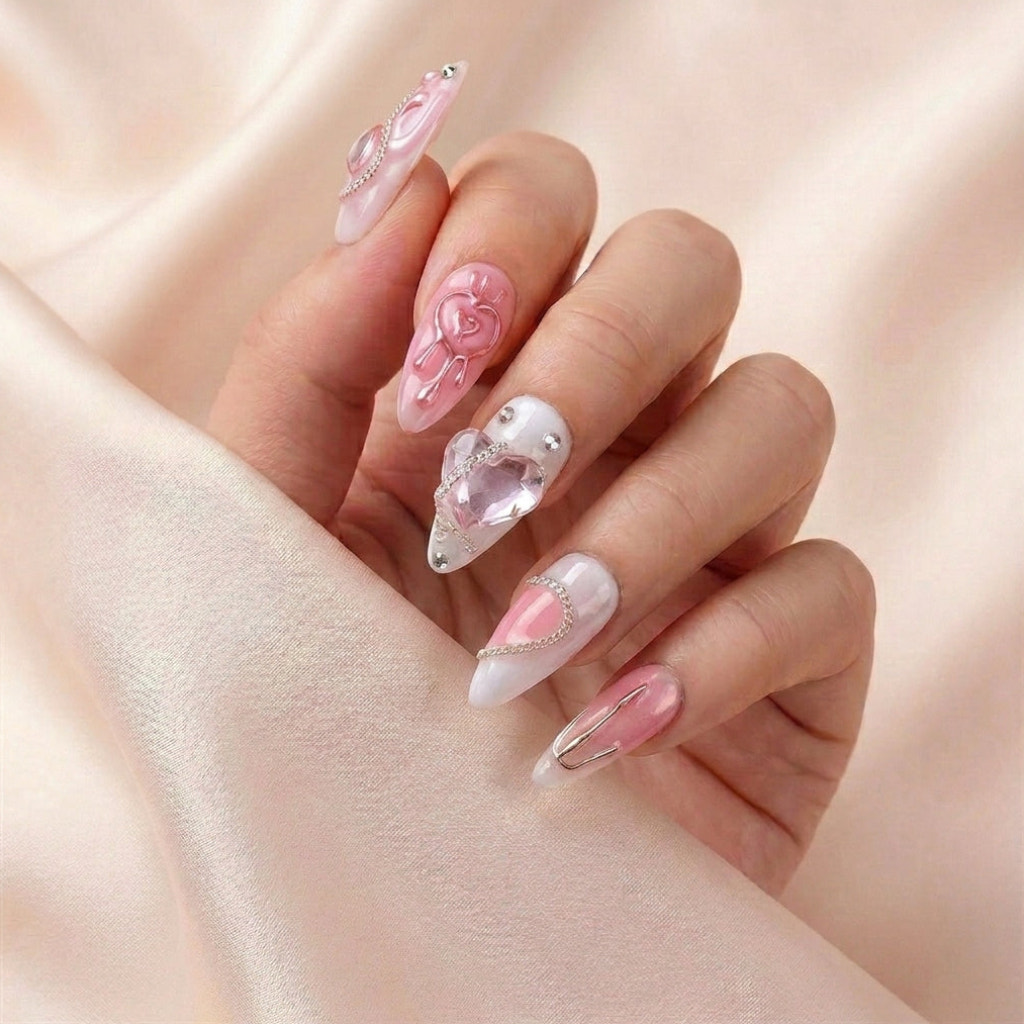 Hånd på beige silkestoff med Pretty in Pain press on negler — håndlaget, gjenbrukbare lange almond-negler med rose-gold chrome hjerter, krystall-charms og sølvkjeder.