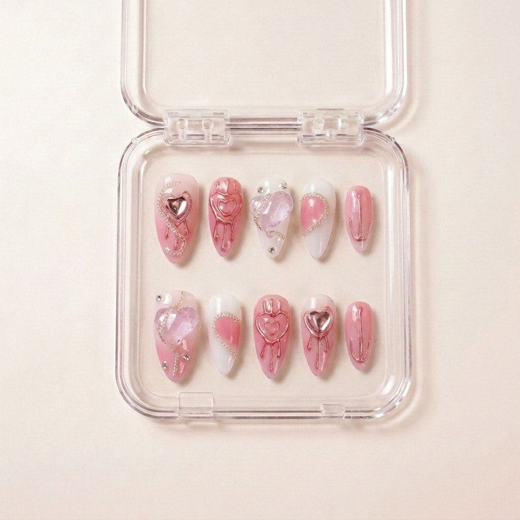 Pretty in Pain press on nails i etui — håndlaget lange almond-negler med rosa base, metallic rose-gold hjerte-drips, krystall hjerte-charms og sølvkjede-detaljer.