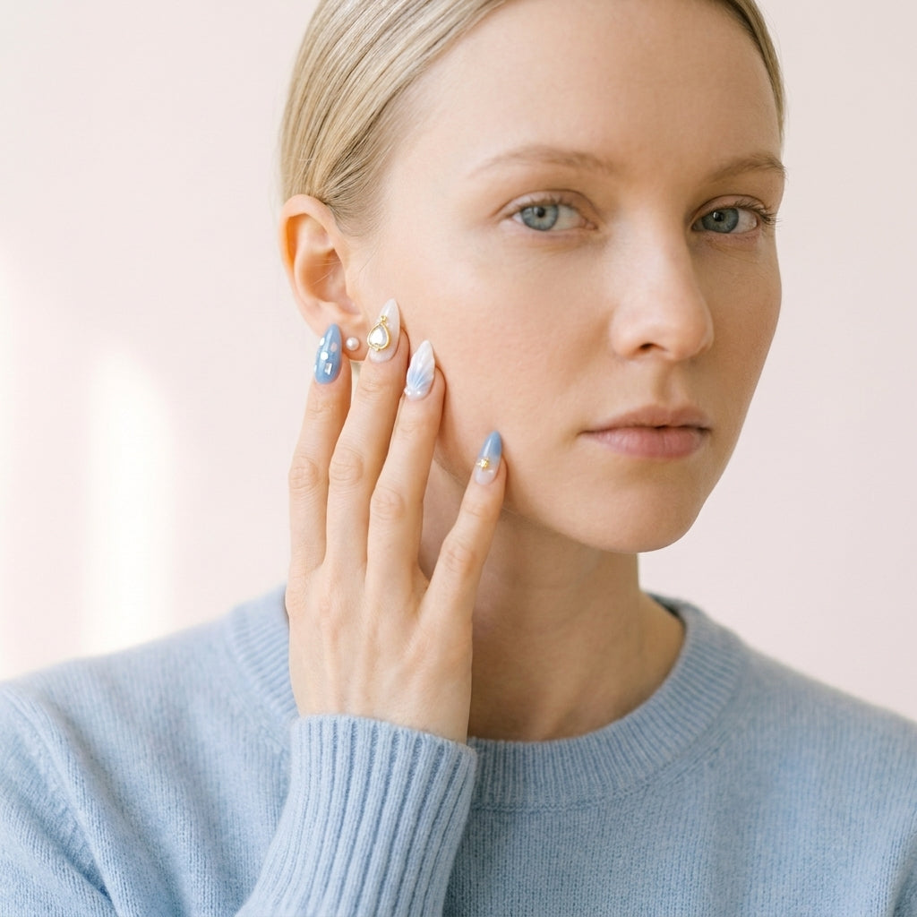 Detalj av hånd mot kinn i lyseblå genser med See Me Glow press on negler — almond-form i pastell blå og opal med gull stjerne- og måne-charms.