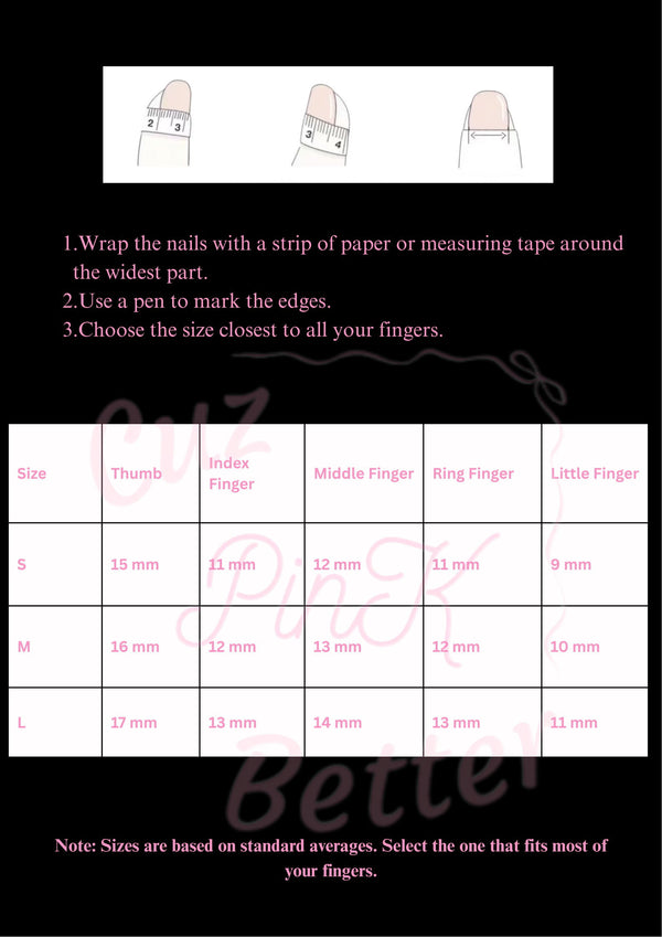 Størrelsesguide for løsnegler på engelsk — neglemåling med papirstrimmel og tabell over fingerbredder i mm for størrelse S, M og L.