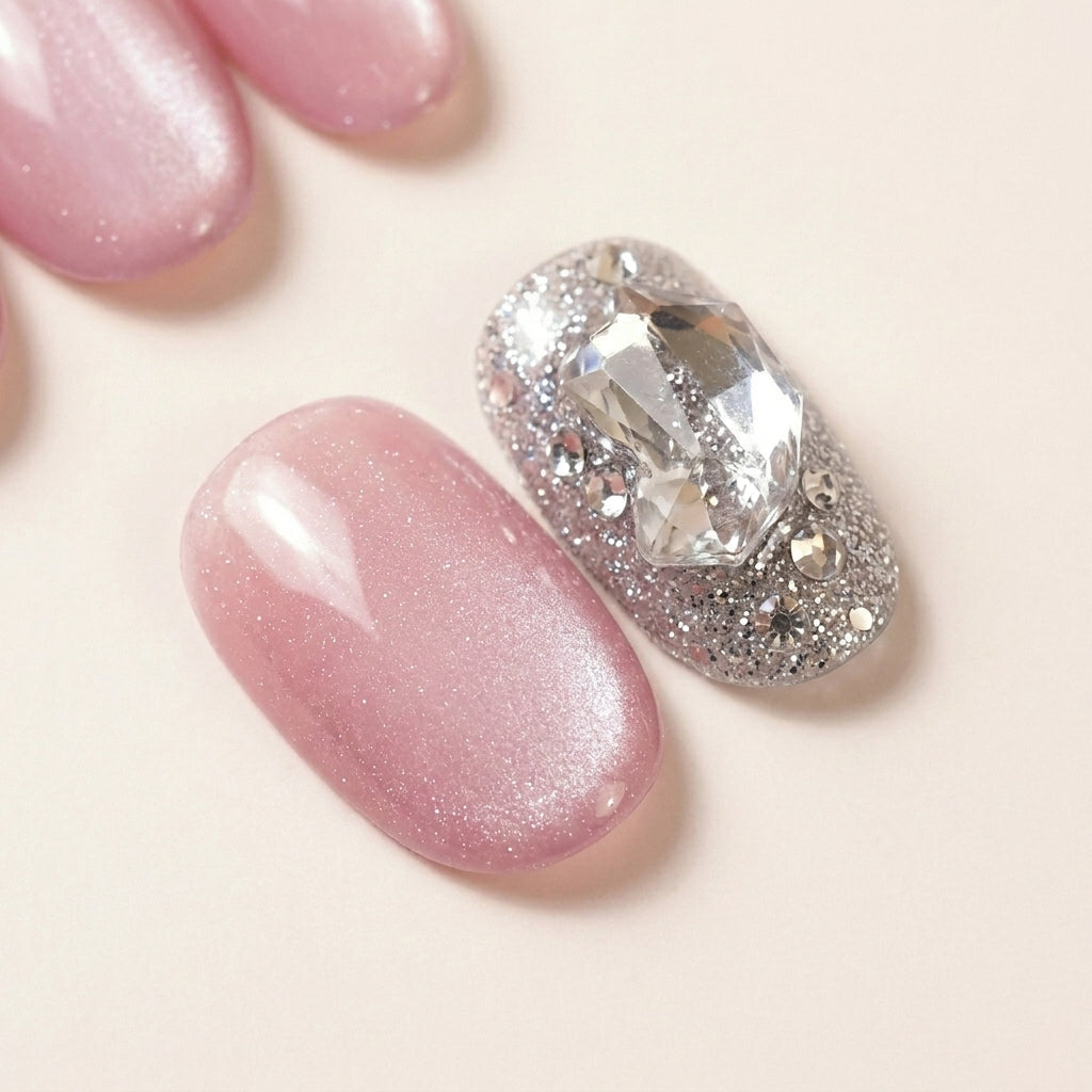 Makro-nærbilde av Stardust løsnegler — falske negler med lim, med satiny mauve pearl base ved siden av glitter-accent med 3D krystall-gem og sølvfarget glitter.
