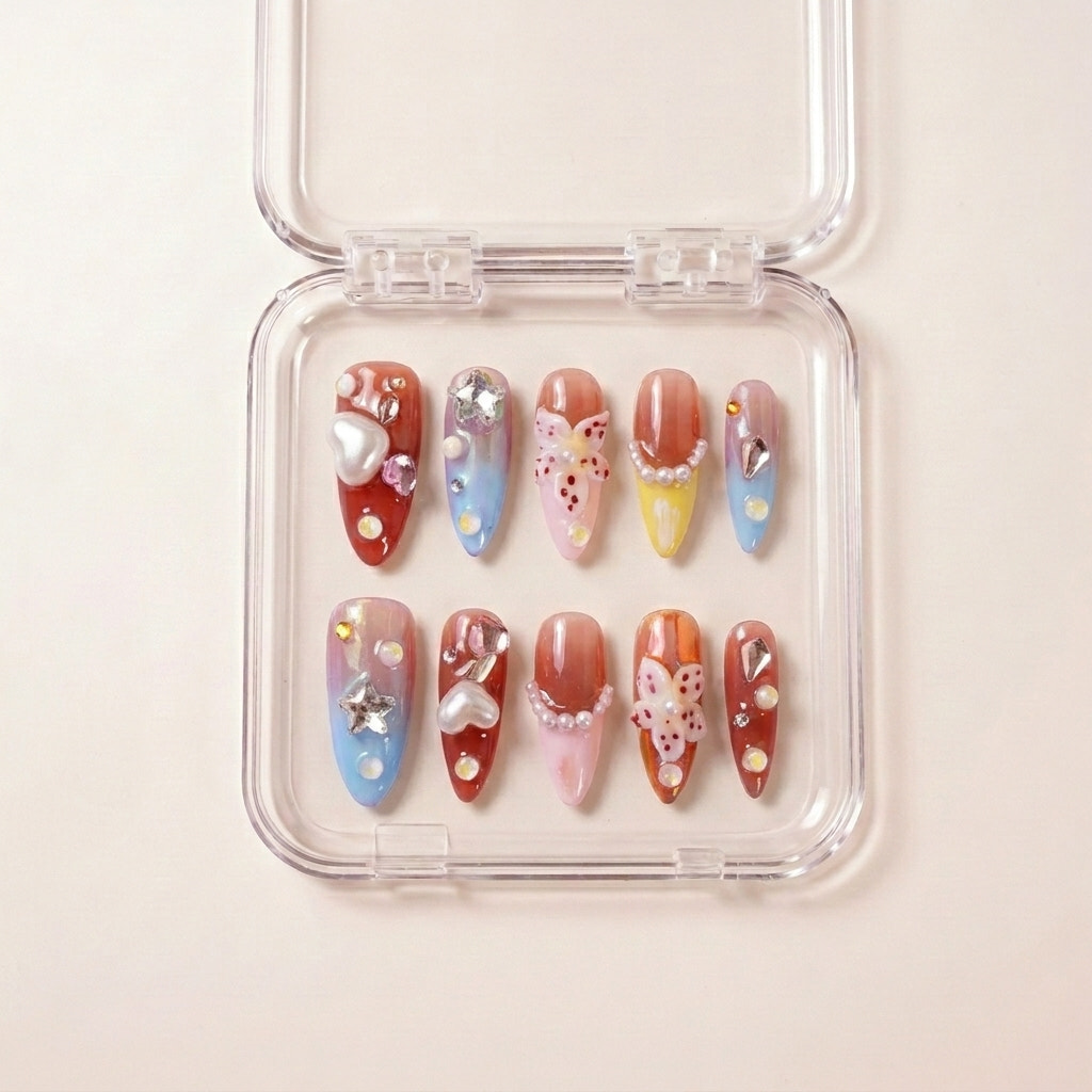 Starstruck in Waikiki press on nails i etui — håndlaget lange stiletto-negler med tropiske farger, 3D hibiscus-blomster, chrome hjerter, perler og rhinestones.