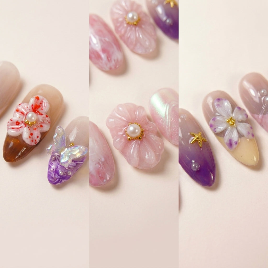 Nærbilde-triptyk av The Cottagecore Edit-nagler — Coastal Bloom med sommerfugl og 3D blomst, Flower Therapy med pearl-perlemor blomst og Siren's Blush med lilla blomst og gull stjerne.