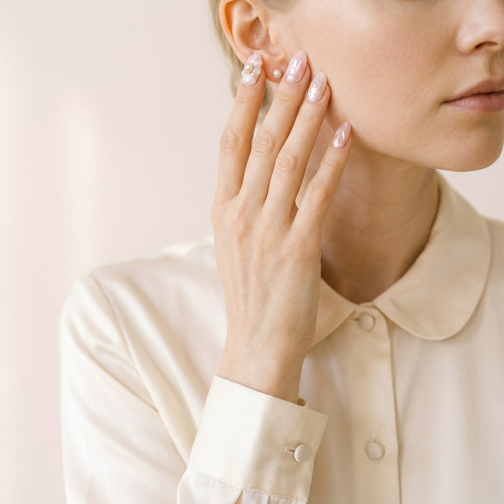 Detalj av hånd ved øret i cremefarget silkebluse — Flower Therapy press on negler fra The Cottagecore Edit, almond-form med 3D perlemor-blomst og perle-charm.