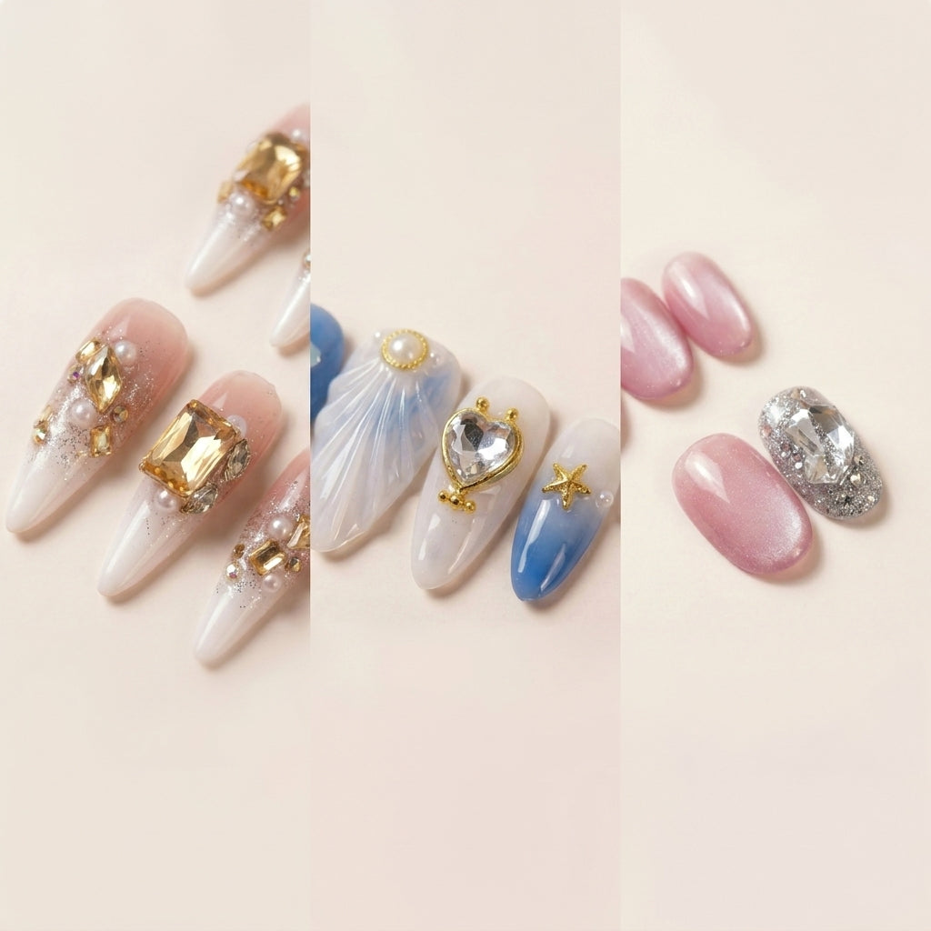 Nærbilde-triptyk av The Glam Edit-nagler — Gold Digger's Gala med gull krystaller og perler, See Me Glow med skjell-charm og blå French tip, Stardust i rosa chrome med diamant-detalj.