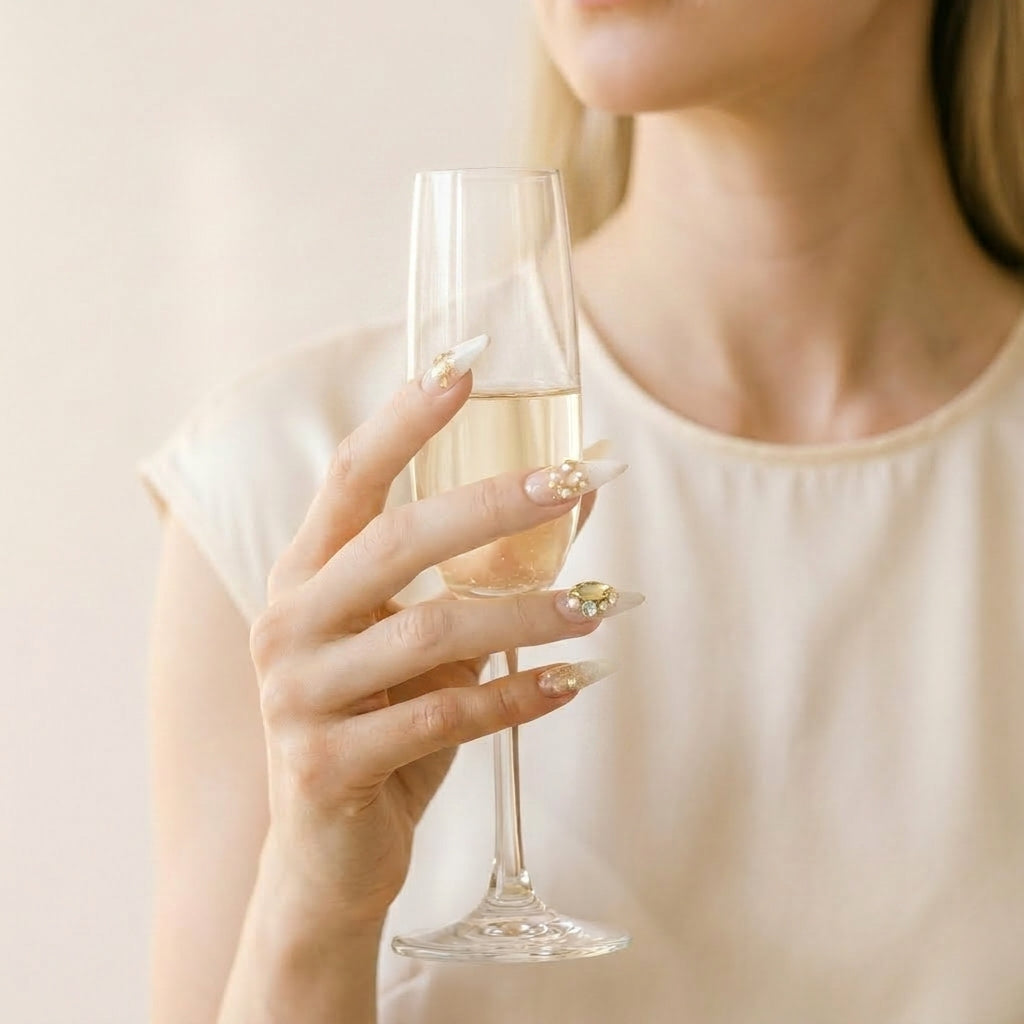 Hånd holder champagneglass i hvit silketopp — Gold Digger's Gala press on negler fra The Glam Edit, stiletto-form med gull krystaller, perler og glitter-ombré.