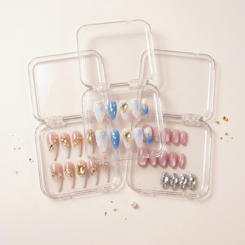 The Glam Edit styled shot — tre transparente esker med See Me Glow havmotiv-negler, Gold Digger's Gala krystall-stiletto og Stardust rosa chrome, strødd med gullflak.