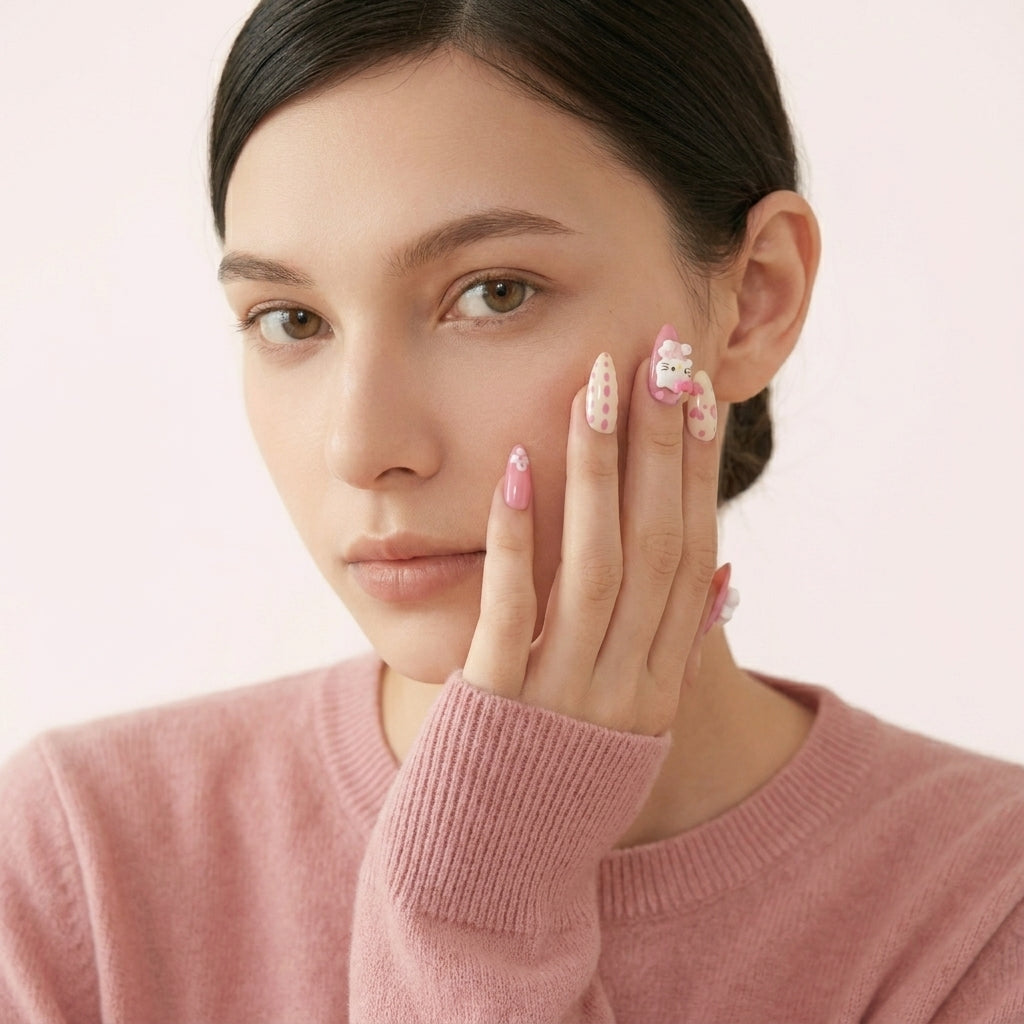 Kvinne i rosa genser hviler hånden mot kinnet — Kawaii Crisis press on negler fra The Kawaii Edit, almond-form med Hello Kitty 3D-charms og rosa prikker.