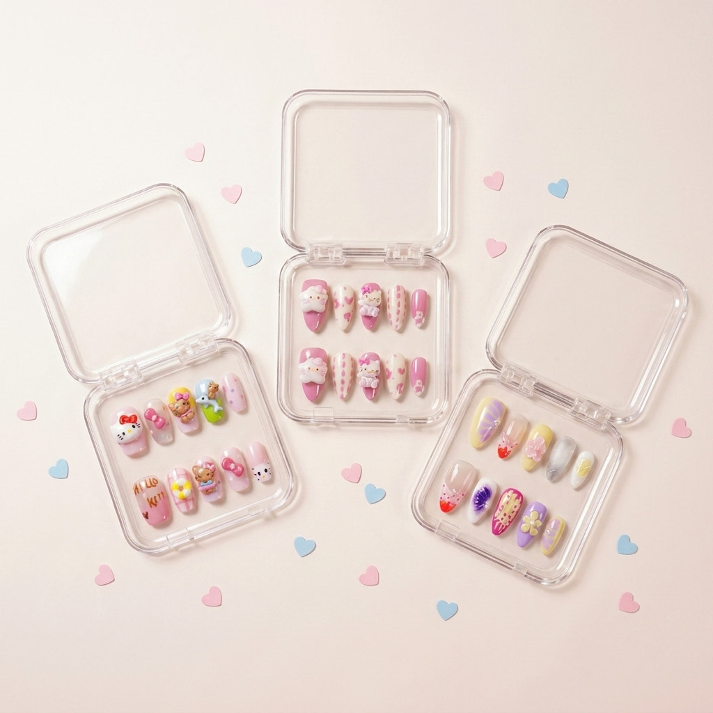 The Kawaii Edit styled shot — tre transparente esker med Kitty Island, Kawaii Crisis og Tutti Cutie press on negler omringet av rosa og blå hjerte-konfetti.