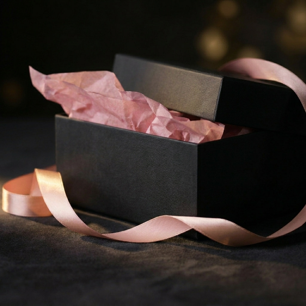 The Mystery Bundle fra Pinkbetter — svart gaveboks med rosa silkebånd inneholder to håndlagde press on nails sett, valgt overraskende av oss.