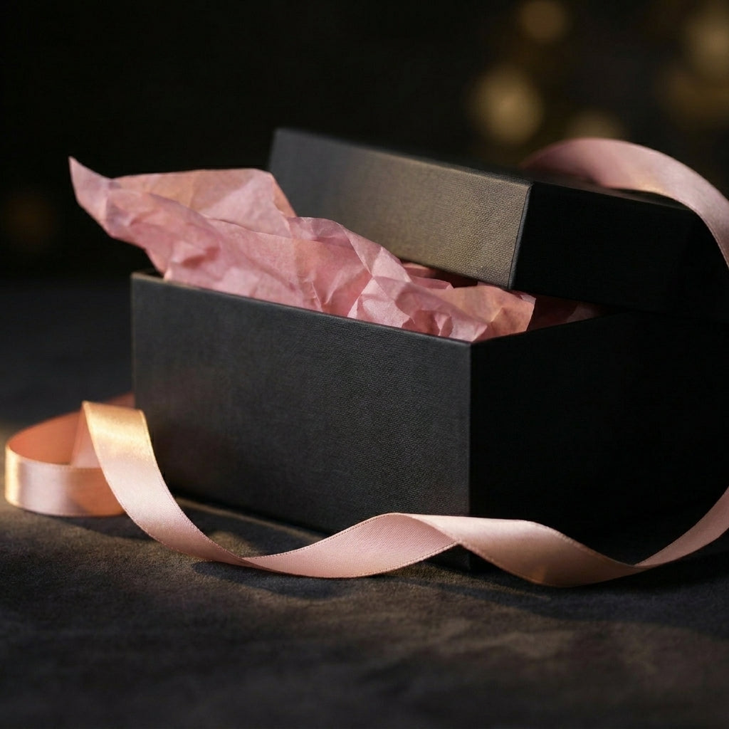 The Mystery Bundle fra Pinkbetter — svart gaveboks med rosa silkebånd inneholder to håndlagde press on nails sett, valgt overraskende av oss.