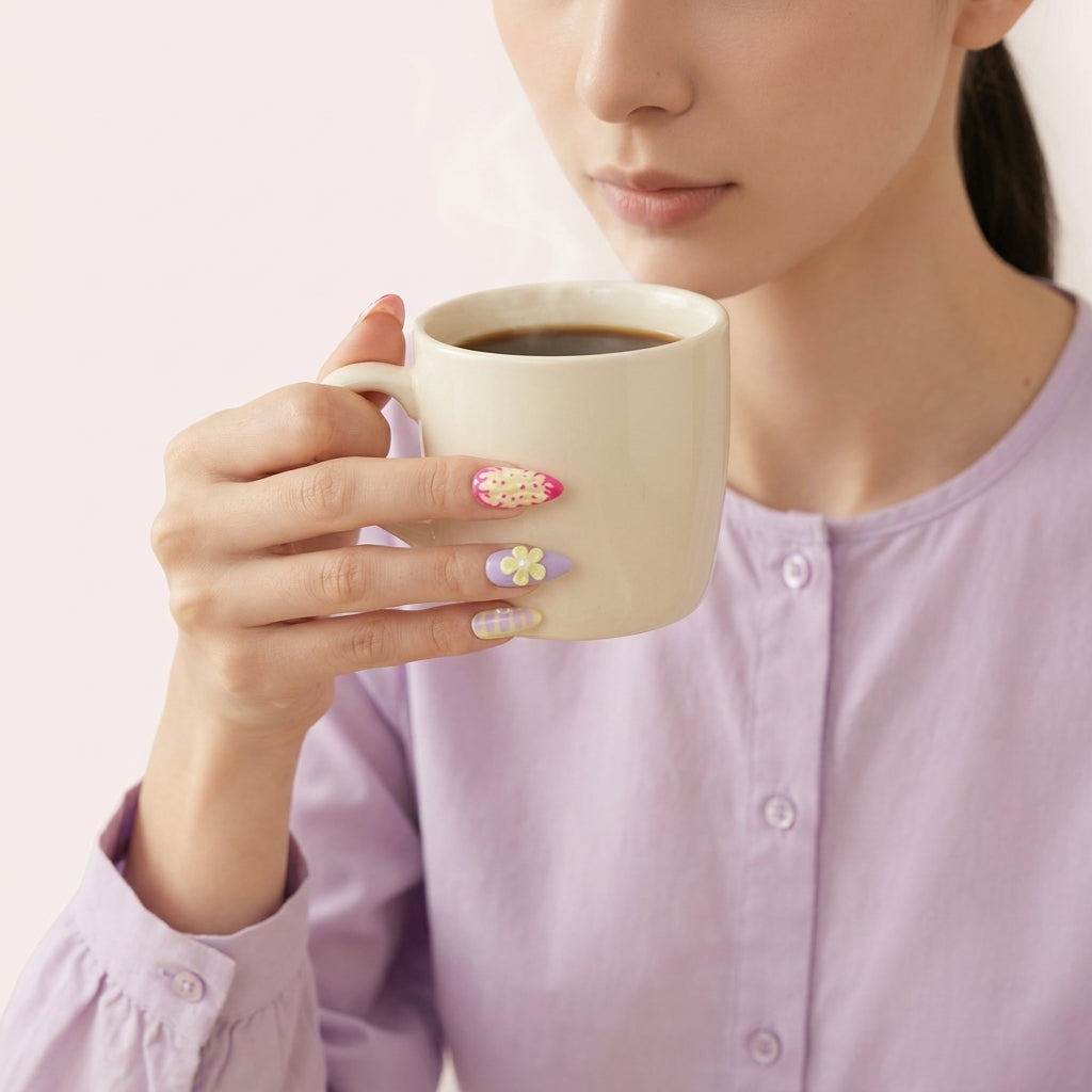 Hånd holder varm kaffekopp i lavendel-bluse — Tutti Cutie løsnegler med rosa og lilla almond-negler, gul daisy-charm og rutemønster, håndlaget frukthage-tema.