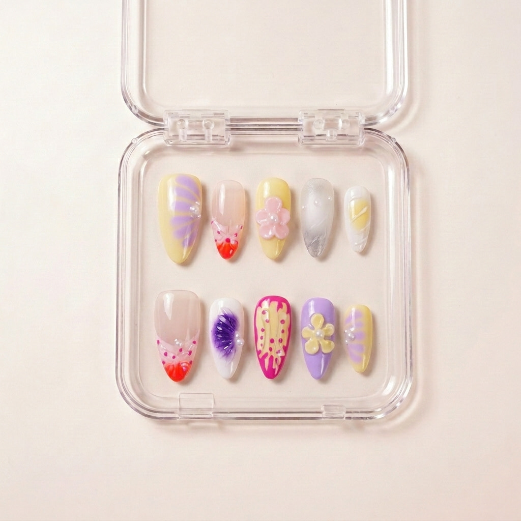 Tutti Cutie press on nails i etui — håndlaget lange almond-negler i gul, lilla, rosa og kremfarget med 3D blomster og håndmalte abstrakte detaljer.