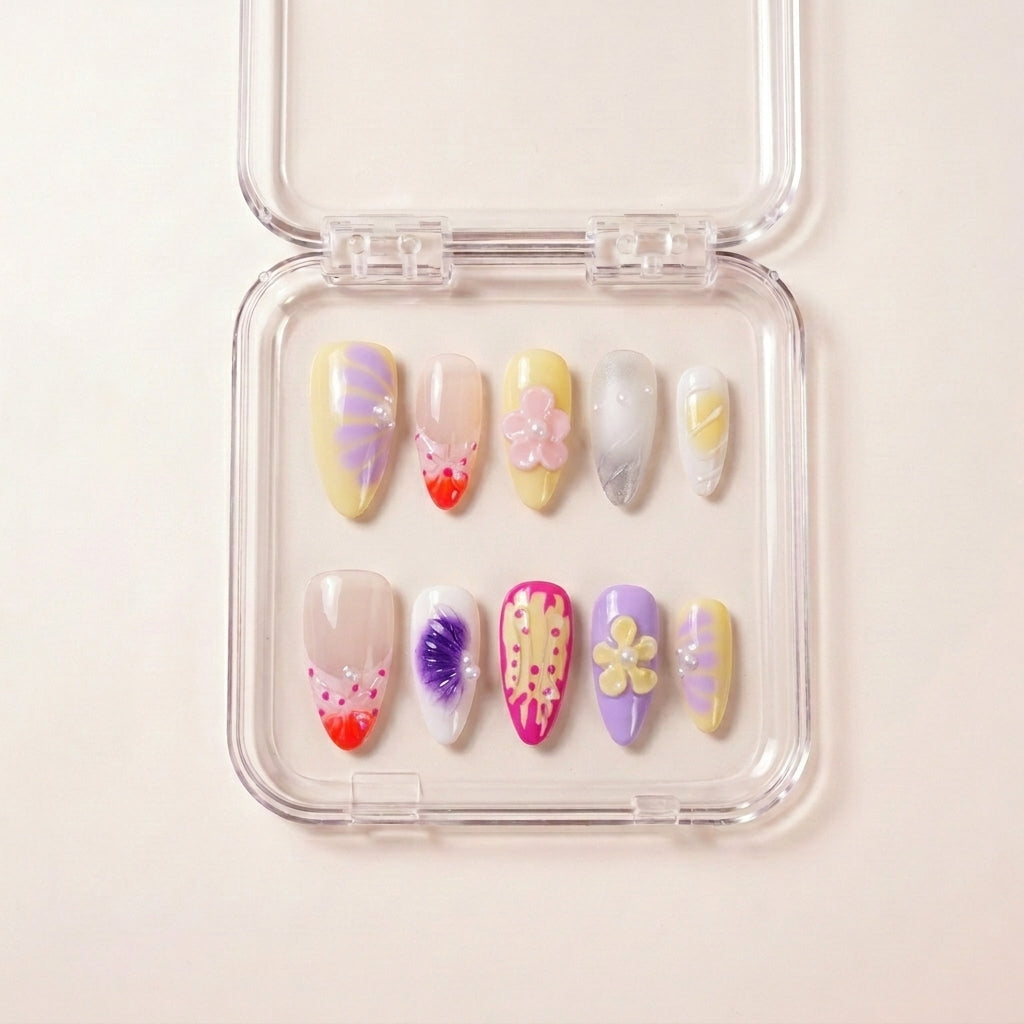 Tutti Cutie press on nails i etui — håndlaget lange almond-negler i gul, lilla, rosa og kremfarget med 3D blomster og håndmalte abstrakte detaljer.